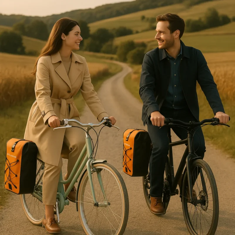 Couple à vélo avec sacoches Badawin