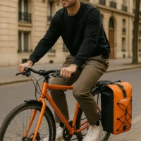 Cycliste en tenue noire transportant une sacoche Hind