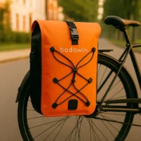 Sacoche Hind orange Badawin fixé sur un porte-bagages arrière en ville
