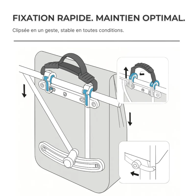 Fixation rapide sac vélo Badawin clipsez et partez