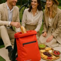Sac de vélo imperméable Badawin. Modèle Ali, coloris rouge. Fixation 3-en-1 : vélo, dos, bandoulière. Capacité 28L.