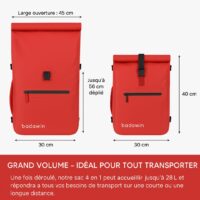Sac de vélo imperméable Badawin. Modèle Ali, coloris rouge. Fixation 3-en-1 : vélo, dos, bandoulière. Capacité 28L.