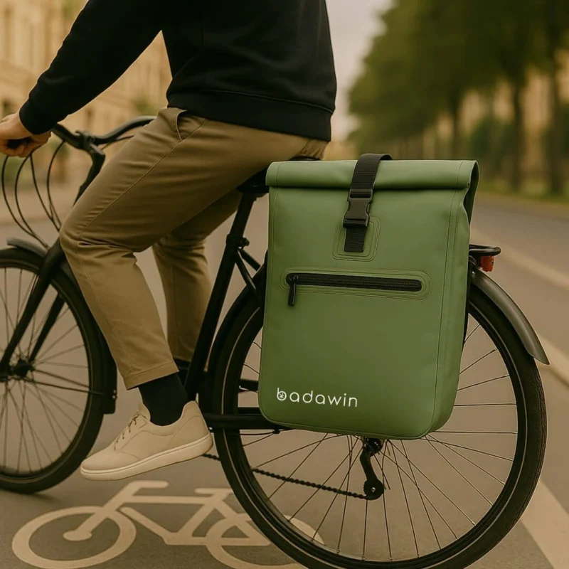 Sac à dos vélo Ali vert Badawin fixé sur vélo en ville