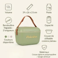 "Fiche technique de la glacière Polarbox Olive 12L avec dimensions, poids, capacité et fonctions"
