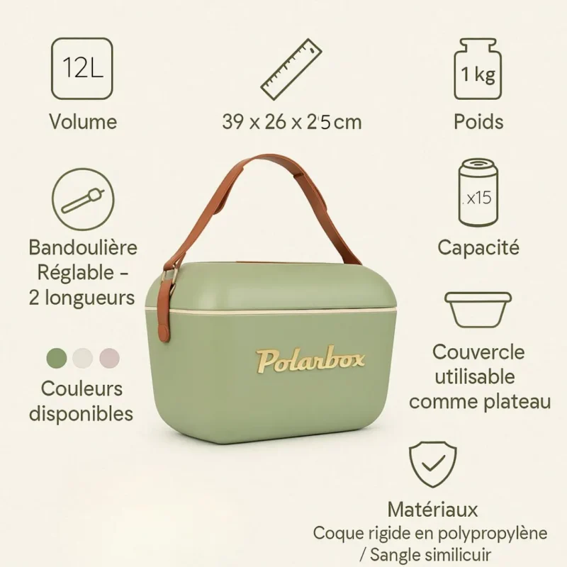 "Fiche technique de la glacière Polarbox Olive 12L avec dimensions, poids, capacité et fonctions"