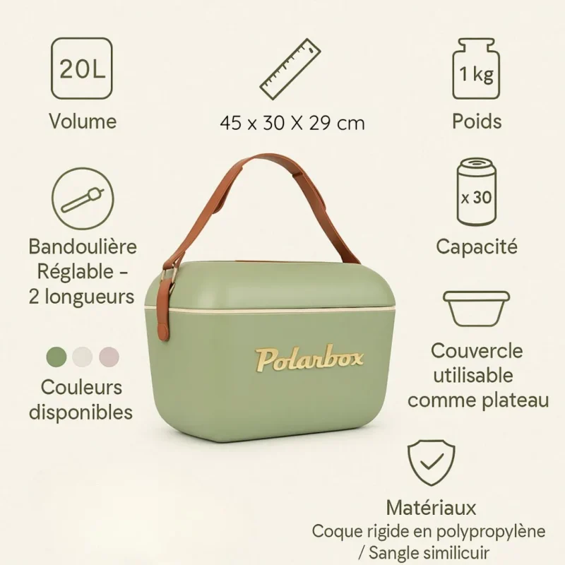 "Fiche technique de la glacière Polarbox Olive 20L avec dimensions, poids, capacité et fonctions"