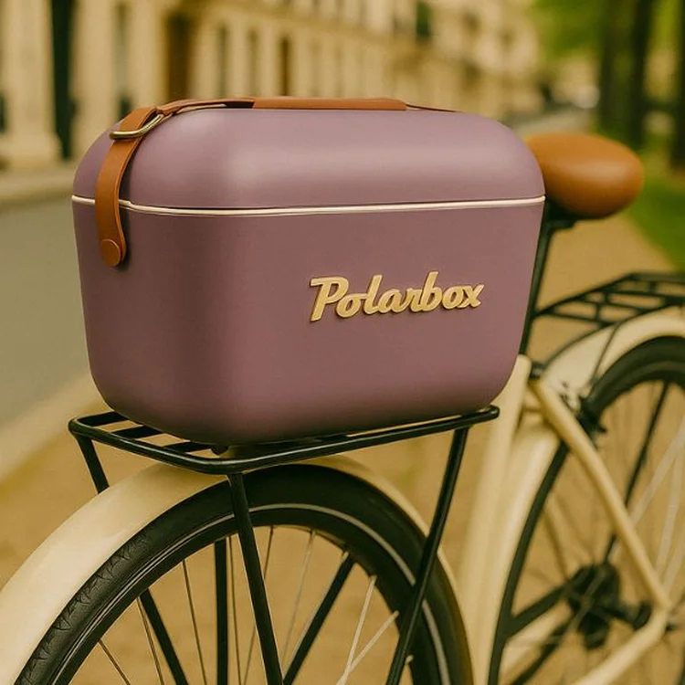 Glacière Polarbox Mauve fixée sur porte-bagages de vélo.