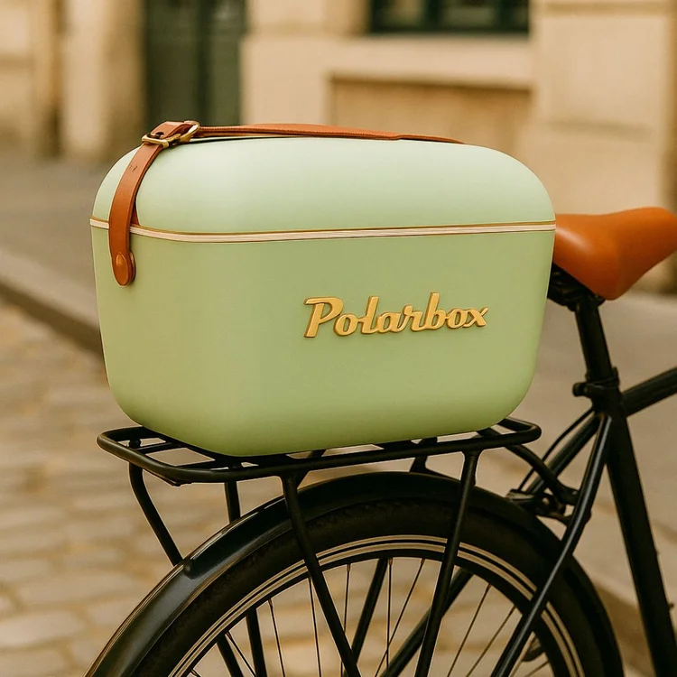 Glacière Polarbox Olive fixée sur porte-bagages de vélo.