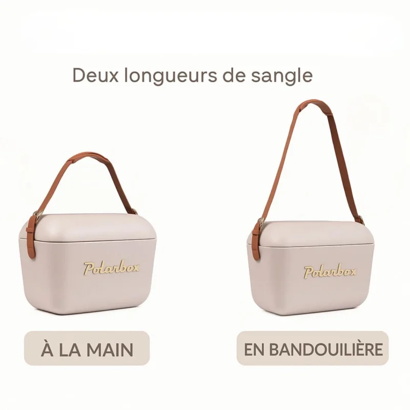 Glacière Polarbox Perle montrée avec deux longueurs de sangle