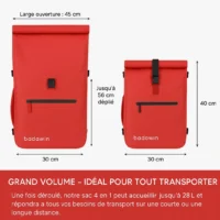 Sac à dos vélo Ali rouge imperméable Badawin. vélo, dos, bandoulière. 28L.