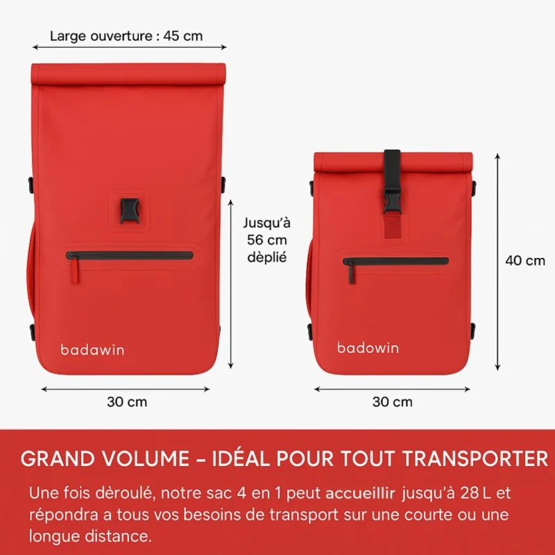 Sac à dos vélo Ali rouge imperméable Badawin. vélo, dos, bandoulière. 28L.