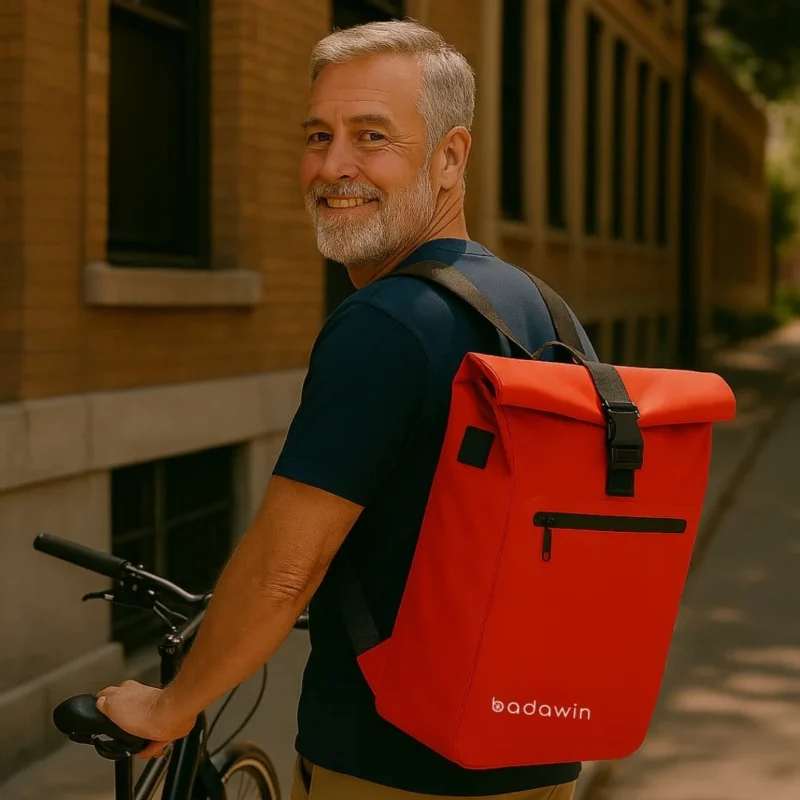 Homme portant un sac de vélo Ali rouge Badawin imperméable