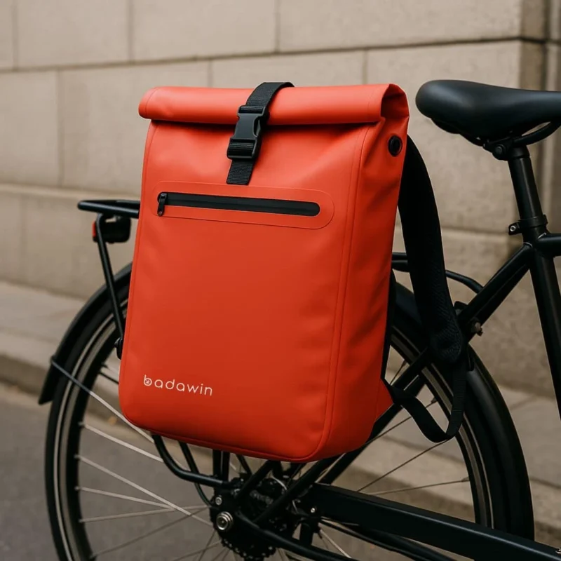 Sac de vélo Ali rouge imperméable Badawin fixé sur porte-bagage de vélo urbain