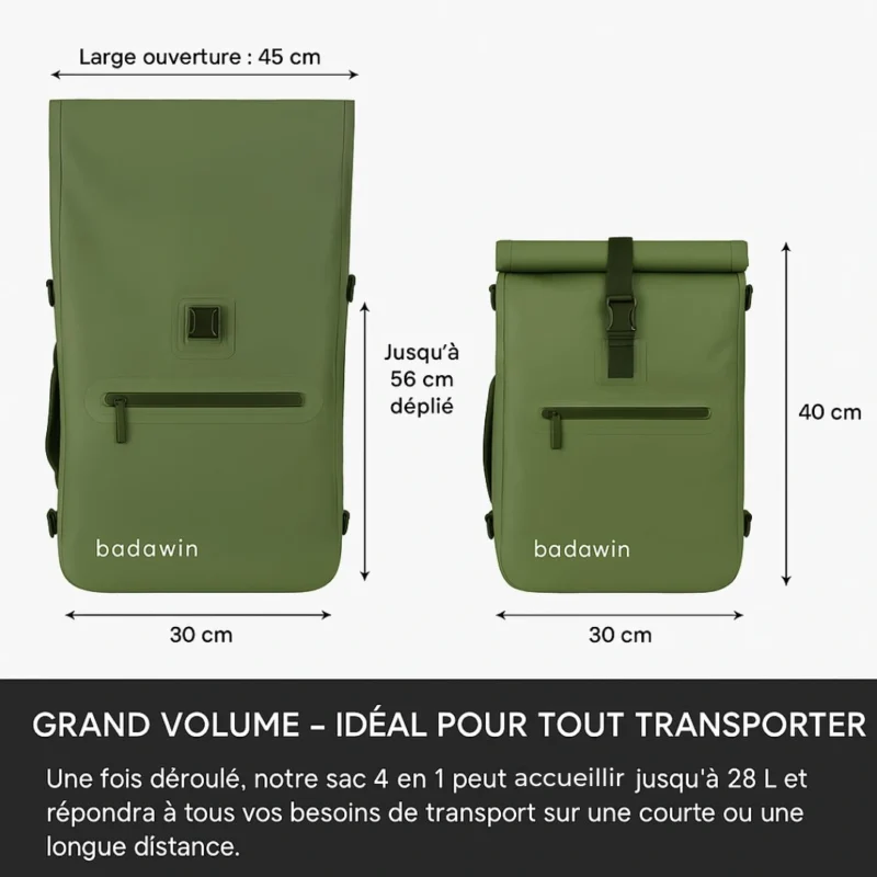 Dimensions du sac à dos vélo Ali Badawin avec volume extensible
