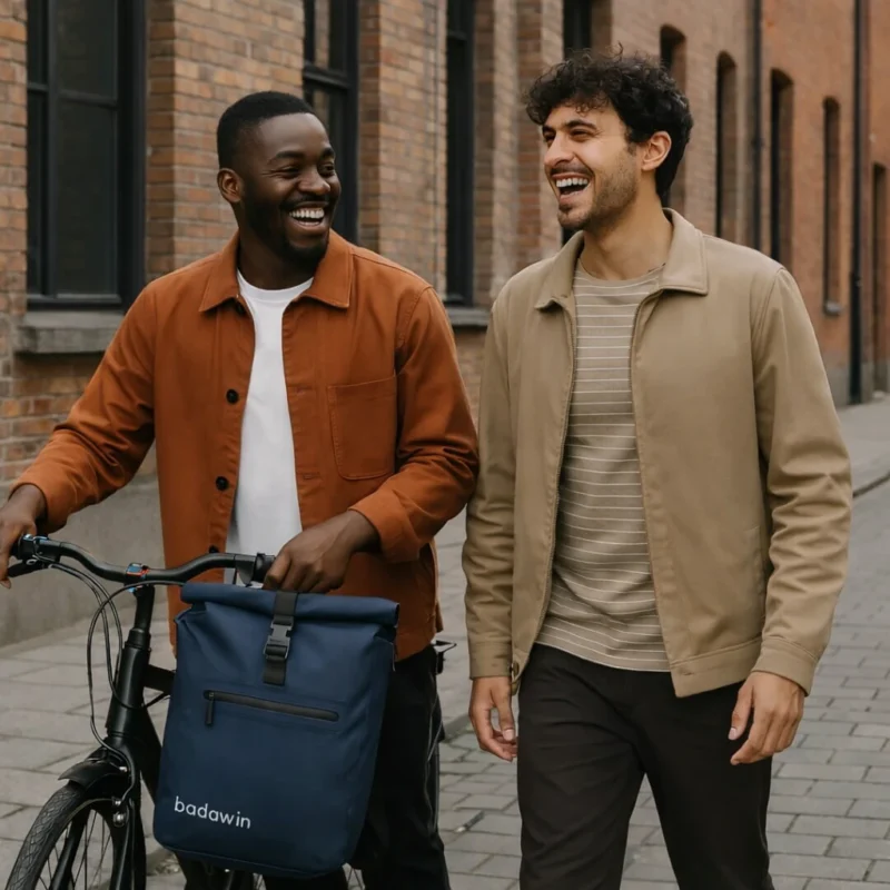 Sac à dos vélo Ali bleu Badawin porté par cycliste urbain