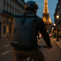 Sac à dos vélo Ali noir Badawin utilisé à vélo dans Paris de nuit