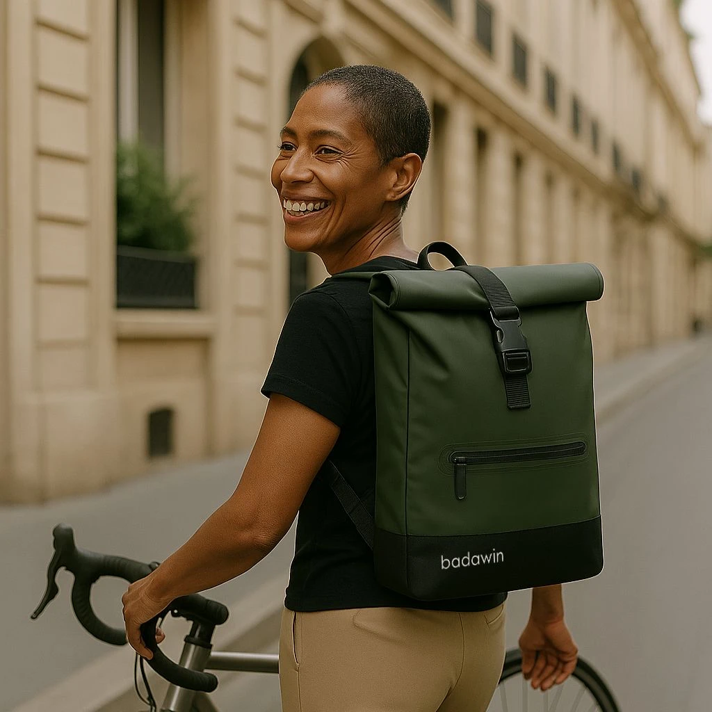 Sac à dos vélo Badawin vert kaki porté à vélo en ville