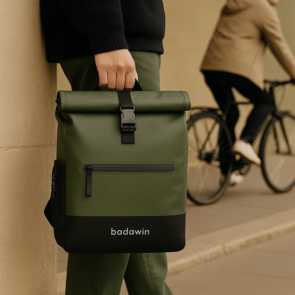 Sac à dos vélo Badawin vert kaki porté à la main