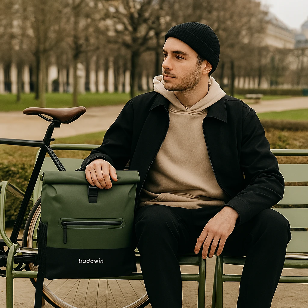 Sac à dos vélo Badawin vert kaki posé au sol