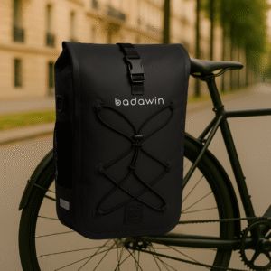 sacoche vélo imperméable noir Badawin Hind 25L fixée sur porte-bagages