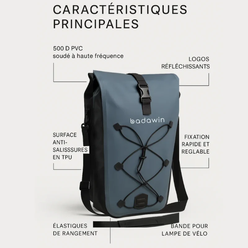 Caractéristiques sacoche vélo Hind bleu sur fond blanc – détails produit