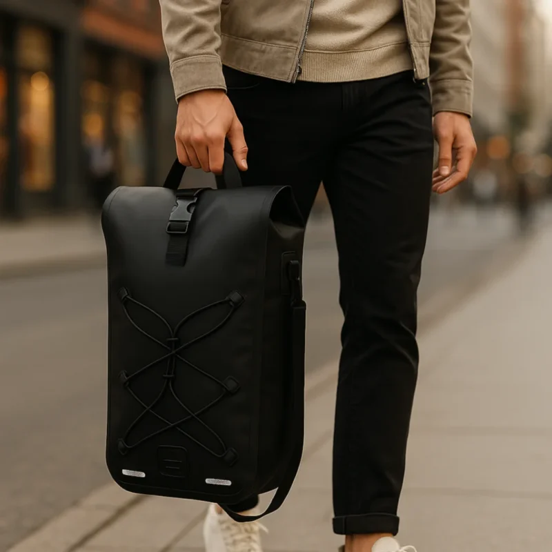 Homme tenant une sacoche vélo Hind Badawin noire à la main