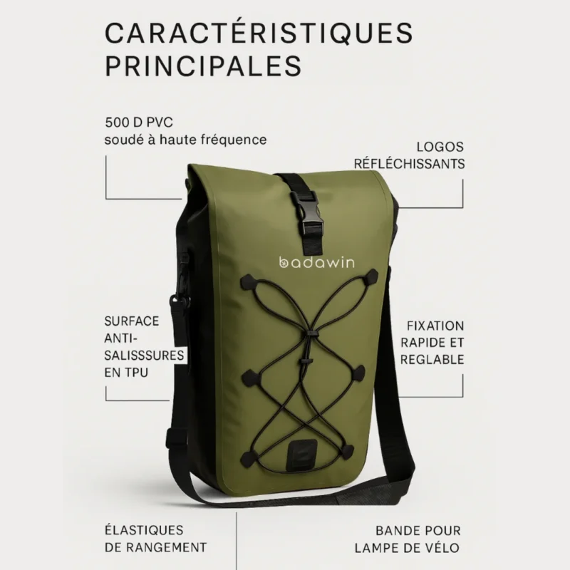 Visuel des caractéristiques de la sacoche vélo Hind Badawin vert