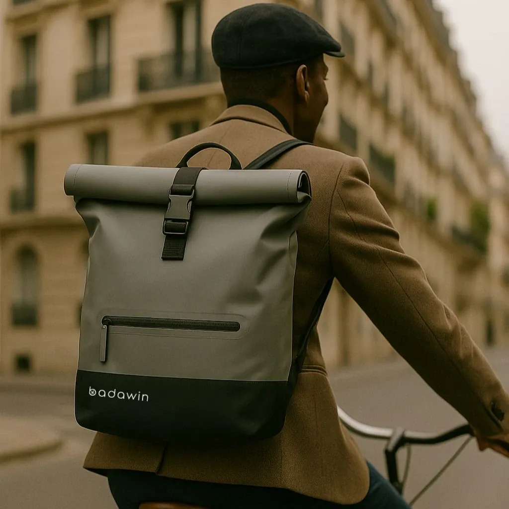 Sac à dos vélo Ali gris porté sur le dos par un homme en ville