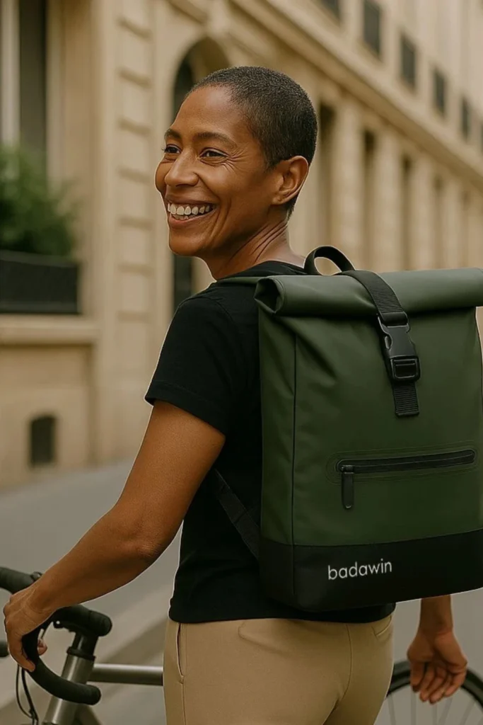 Sac à dos vélo imperméable Badawin Anna vert porté en ville
