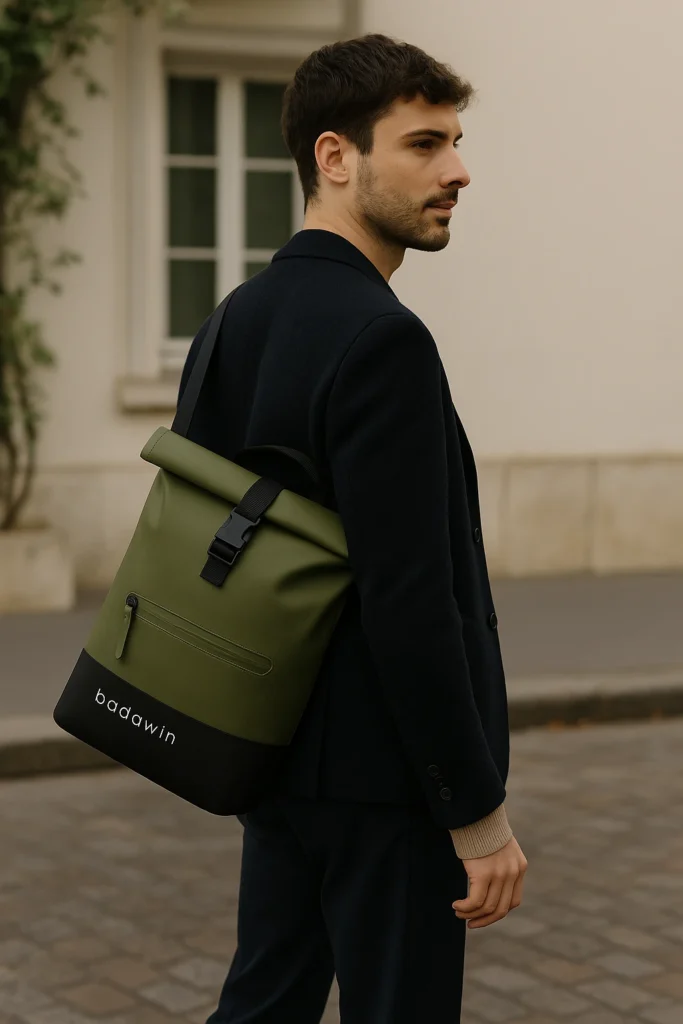 Sac à dos vélo imperméable Badawin vert porté à l’épaule