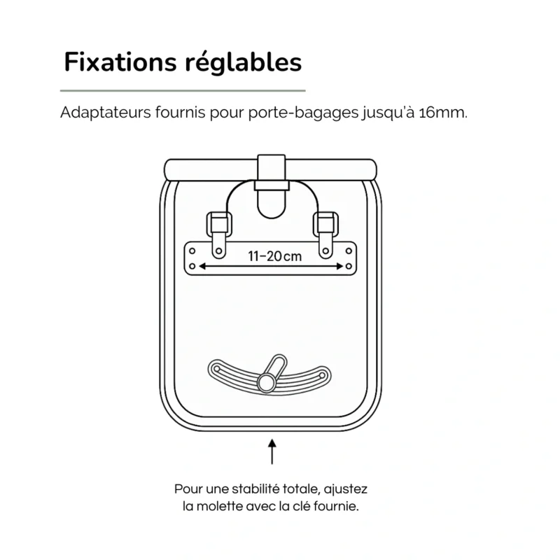 Dos des sacoches vélo Badawin – crochets réglables, de stabilité, .