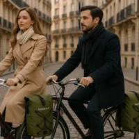 Couple à vélo en ville avec sacoches vélo Hind Badawin vert kaki