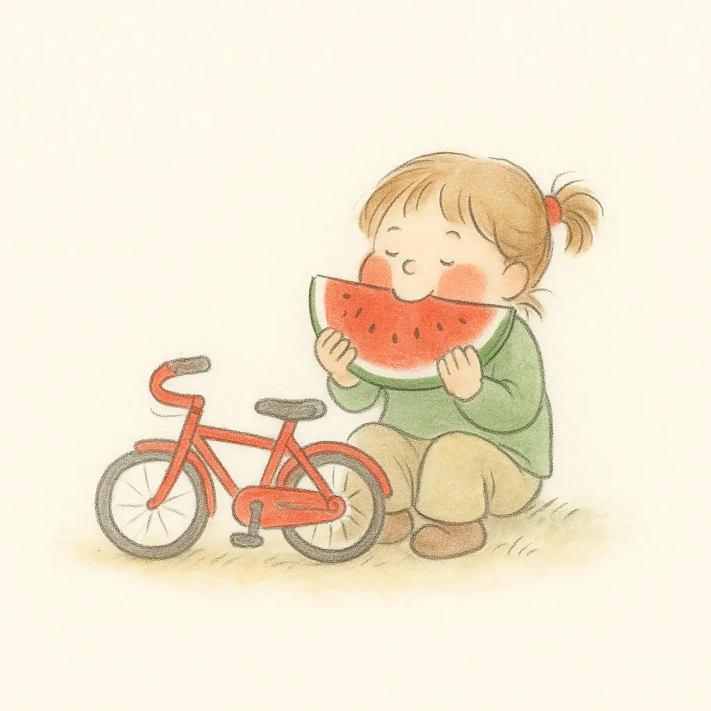 Petite fille souriante avec une tranche de pastèque à côté de son vélo Badawin