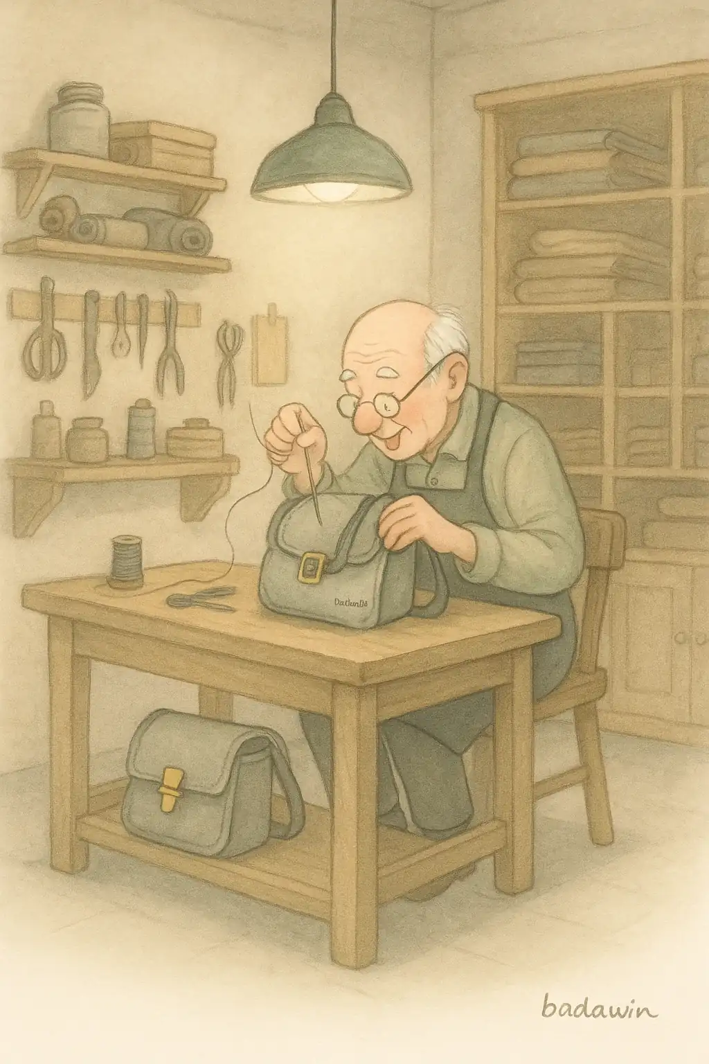 Illustration artisan réparant une sacoche Badawin dans son atelier