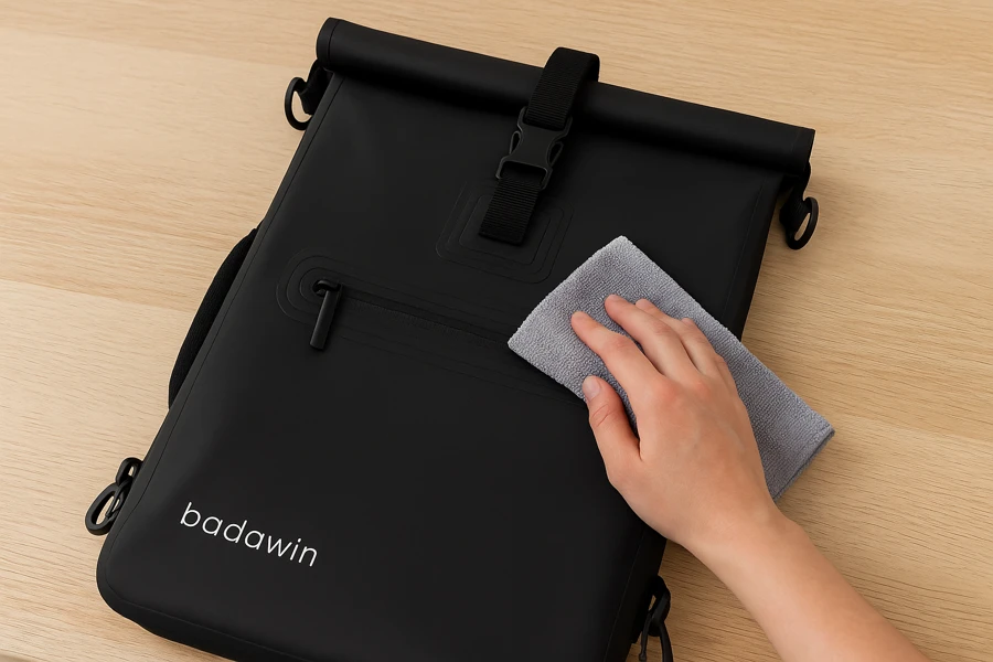 Entretien sacoche vélo Badawin – nettoyage manuel avec chiffon microfibre sur table bois