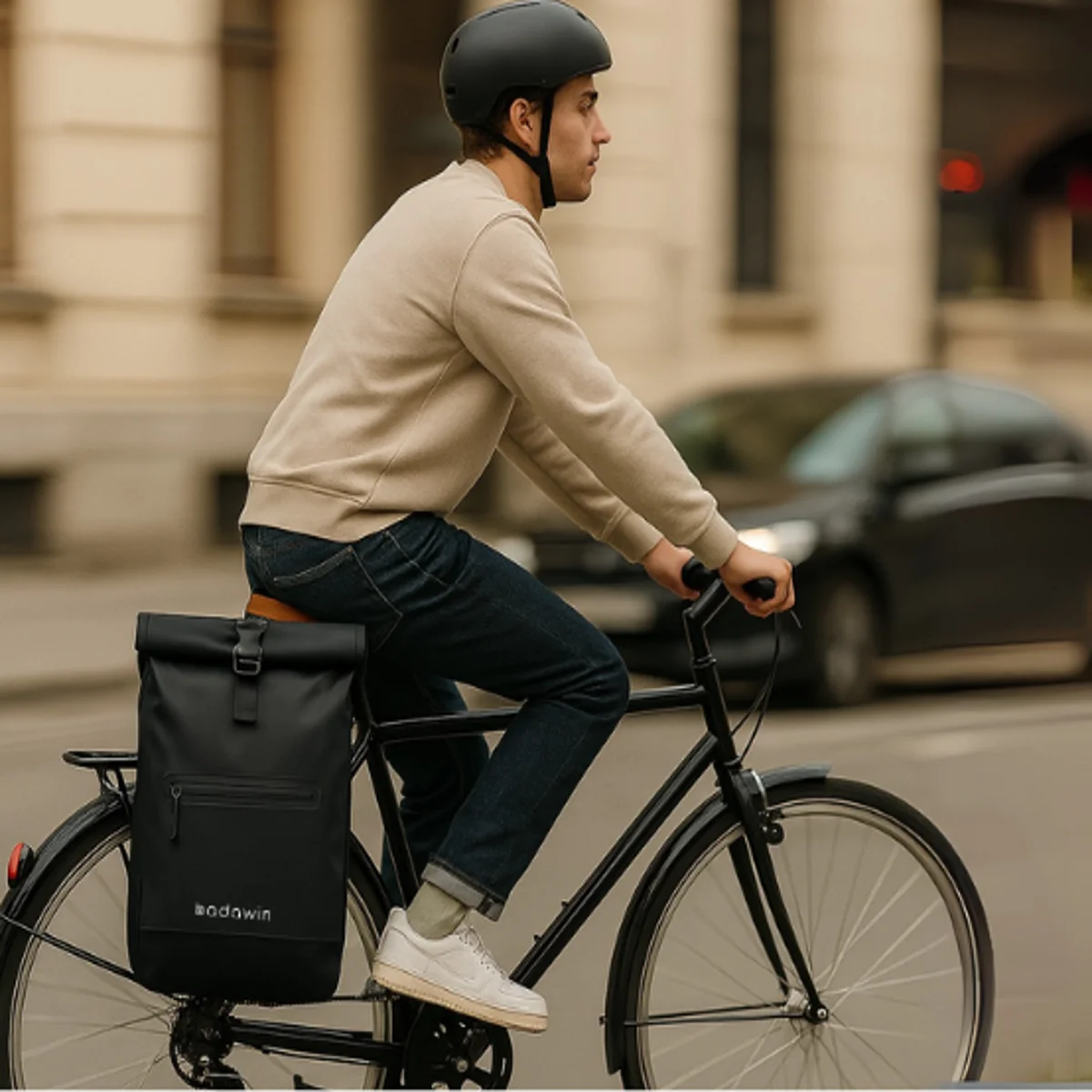 Sac à dos vélo imperméable Badawin Ali, coloris noir, fixation 3-en-1 porte-bagages, dos ou bandoulière.