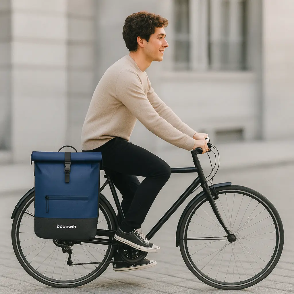 Sac à dos vélo Badawin Anna bleu fixé au porte-bagages, format 1200x1200.
