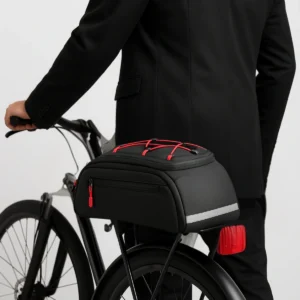 Sacoche de vélo arrière 3-en-1 Sacoche arrière de vélo Badawin 10L noire, installée sur porte-bagages, tissu 900D TPU imperméable avec cordons rouges