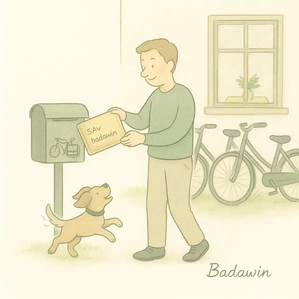 Illustration poétique SAV Badawin avec un homme, un chien et un colis