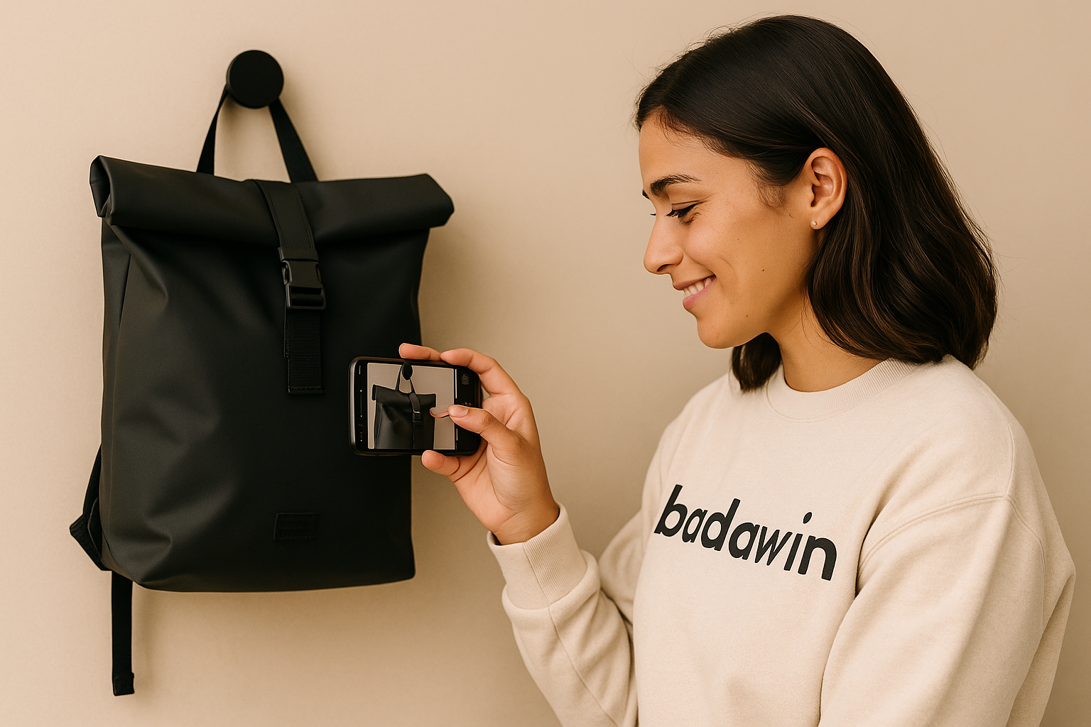 Jeune femme de profil filmant un sac Badawin accroché, avec un sourire – démonstration en direct