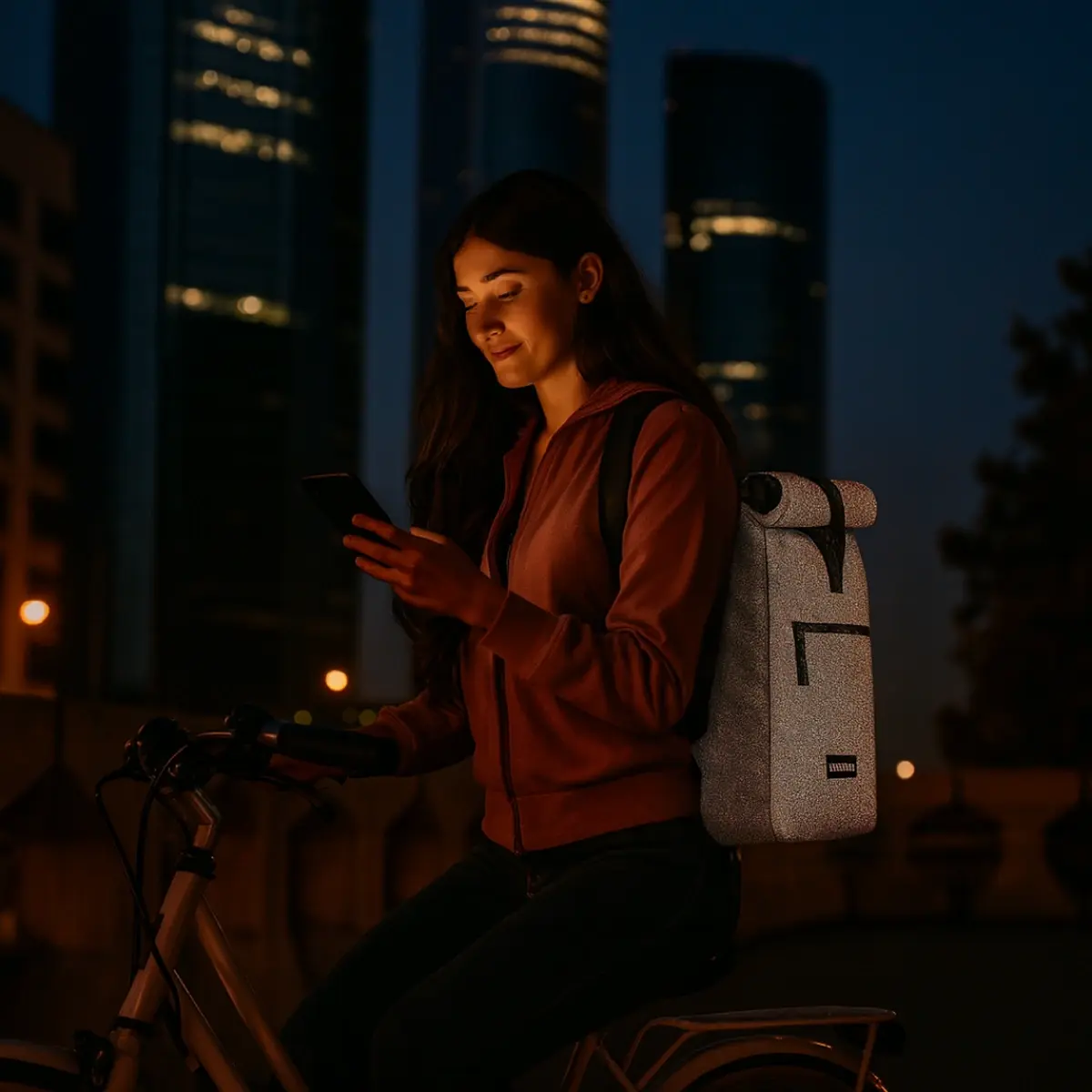 Femme cycliste urbaine avec sac à dos réfléchissant Nyx Badawin la nuit