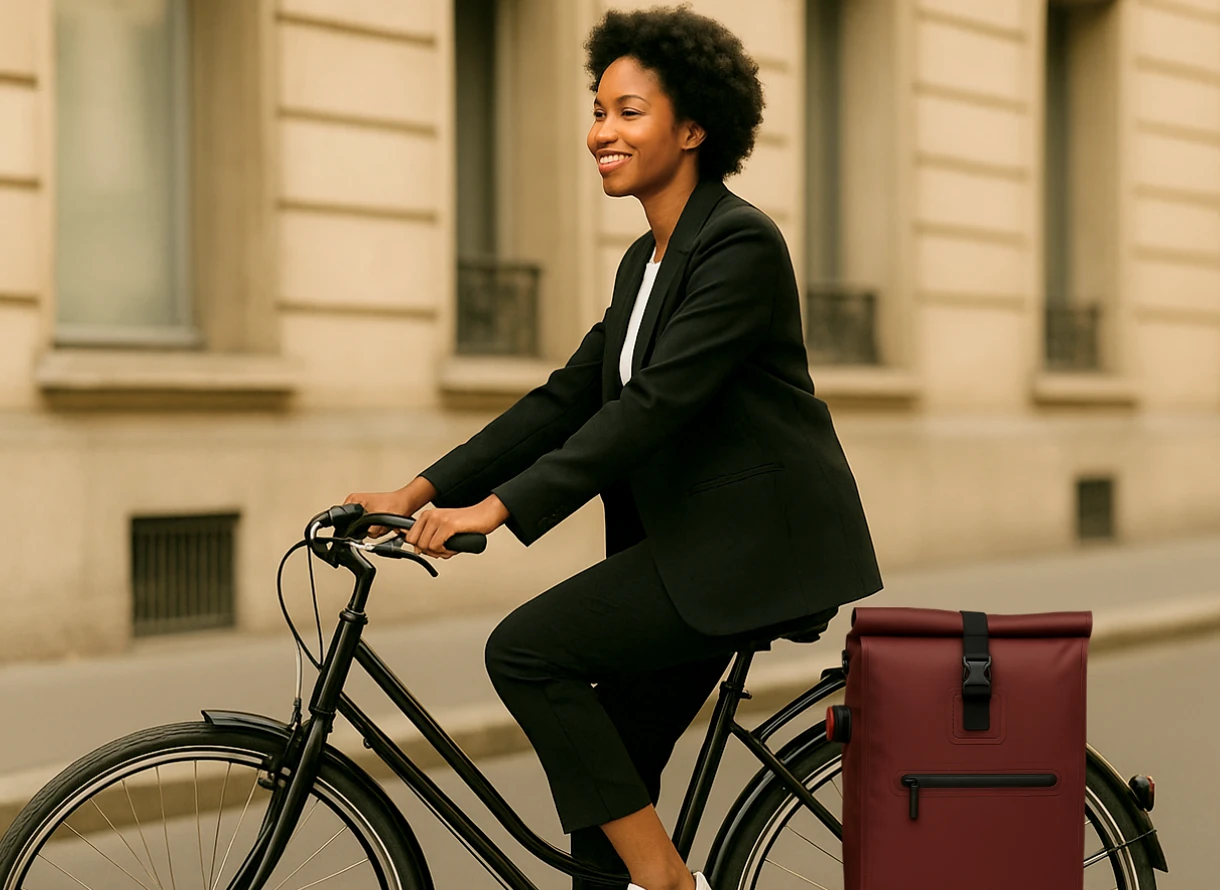 Femme à vélo en tenue citadine, transportant un sac Badawin coloris bordeaux fixé sur le porte-bagages.