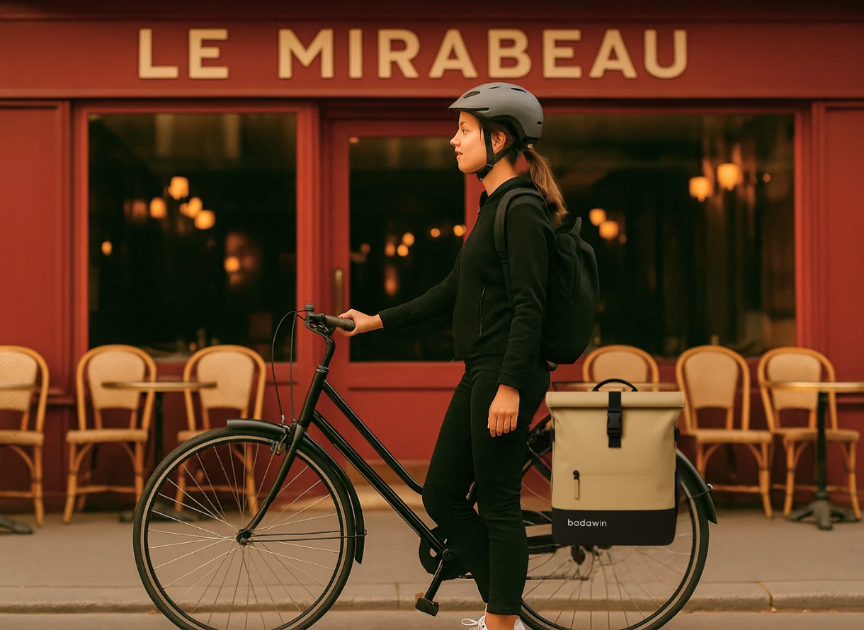 Cycliste à côté de son vélo devant le café Le Mirabeau, avec un sac Badawin fixé sur le porte-bagages.