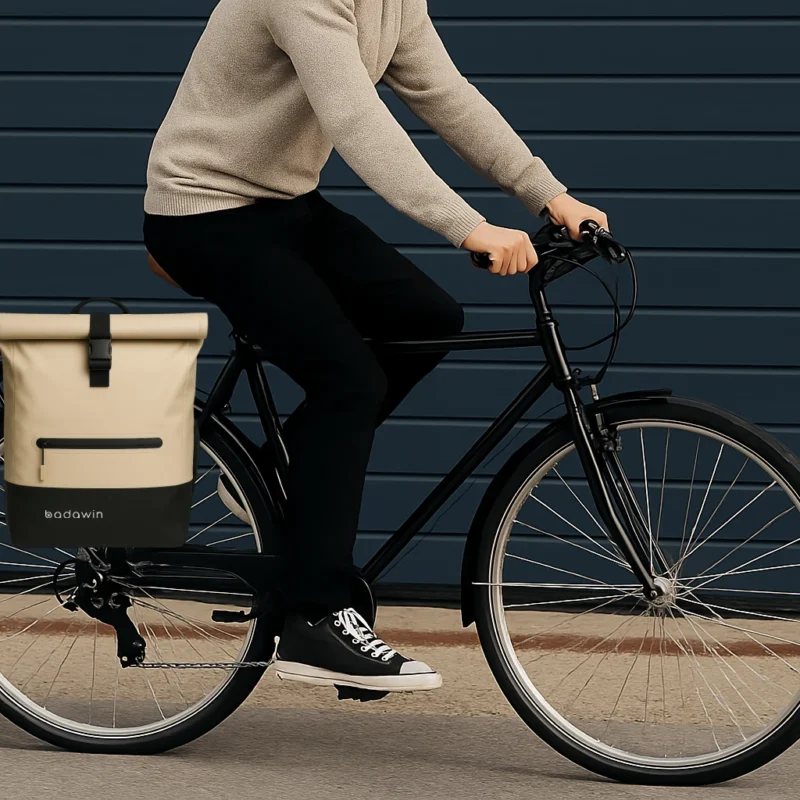 Cycliste roulant à Paris avec le sac Badawin Anna sable fixé sur le porte-bagages, tenue urbaine noire.