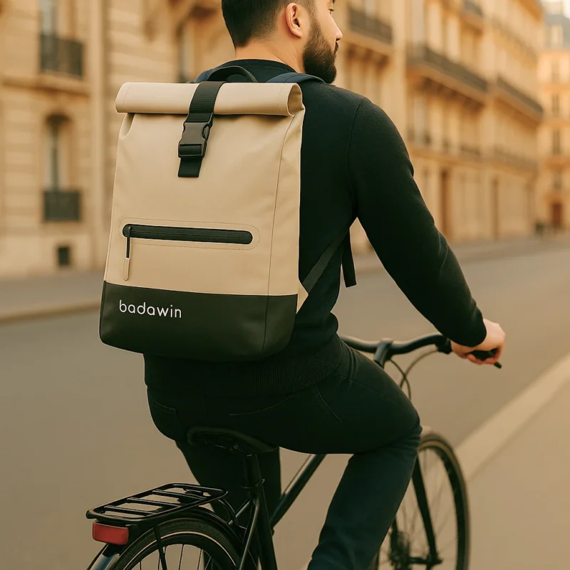 Homme à vélo portant le sac à dos Badawin Anna couleur sable sur son dos, dans une rue parisienne.
