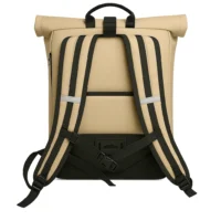 Vue arrière du sac à dos vélo Badawin Anna sable avec bretelles noires et éléments réfléchissants.