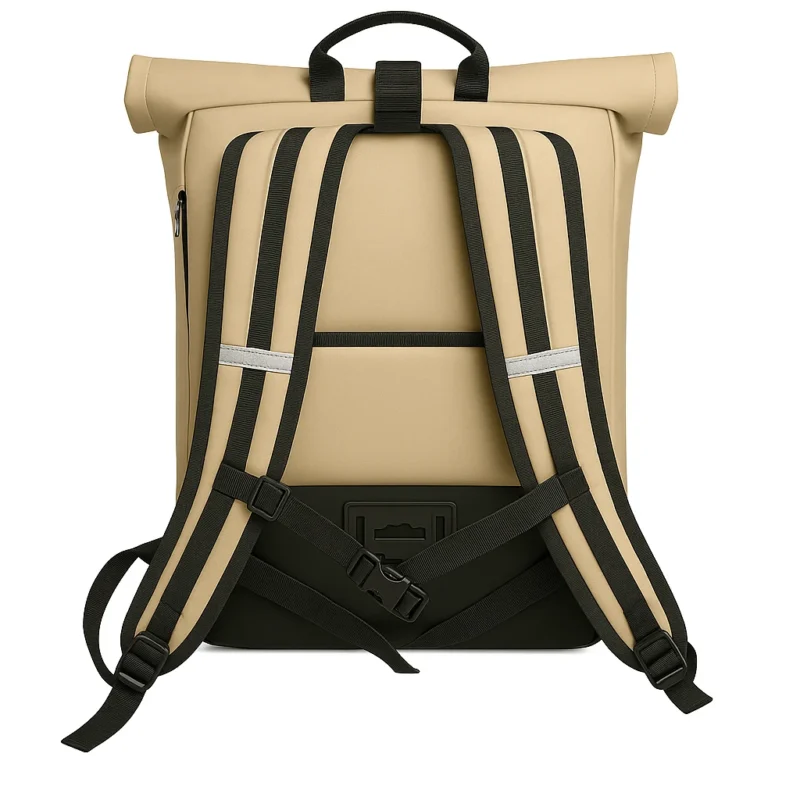 Vue arrière du sac à dos vélo Badawin Anna sable avec bretelles noires et éléments réfléchissants.
