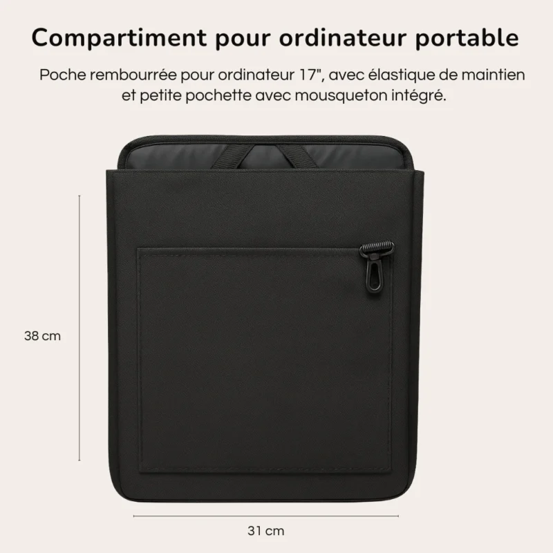 Compartiment ordinateur du sac Badawin Anna, pochette rembourrée noire pour ordinateur portable 17 pouces.
