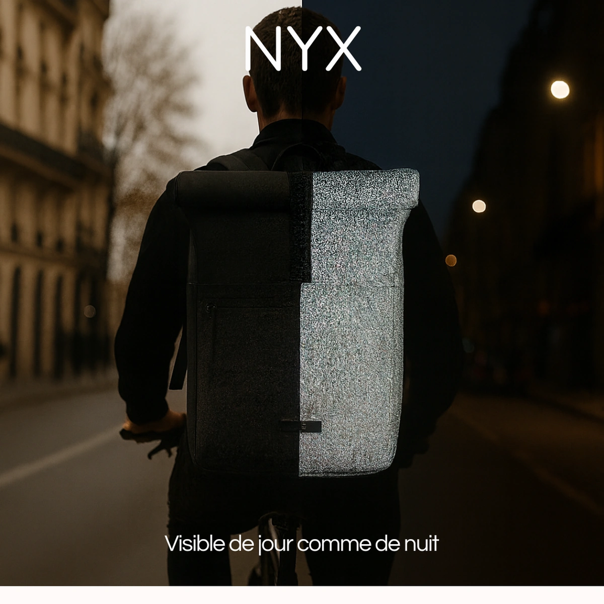 Sac à dos vélo Nyx réfléchissant, noir mat le jour, visible la nuit