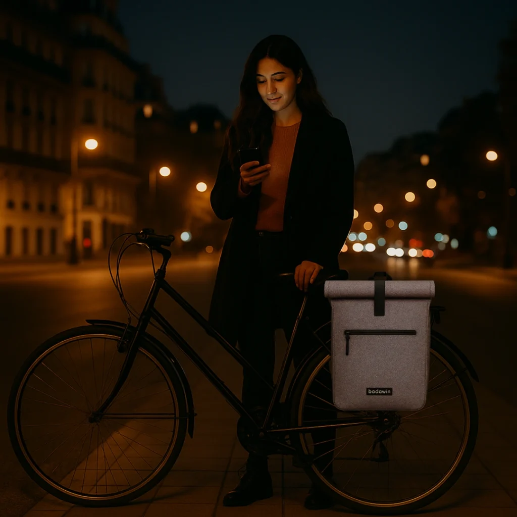 Femme avec un sac Nyx réfléchissant fixé sur vélo la nuit.